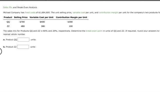 Sales Mix and Break-Even Analysis Michael Company has fixed costs of $1,684,800. The unit selling price, variable cost per un