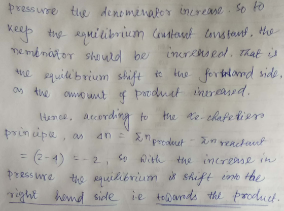 pressure the denominator increase so to keep the equilibrium Constant constant, the neminator should be increased. That is th