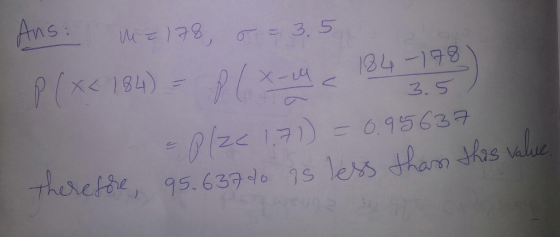 C 3.5 Ans: m=178, o = 3.5 P ( x< 184) = 8/x-M < 184-178) Plze 1.71) = 0.95637 Therefore, 95.637 do is less than this value.