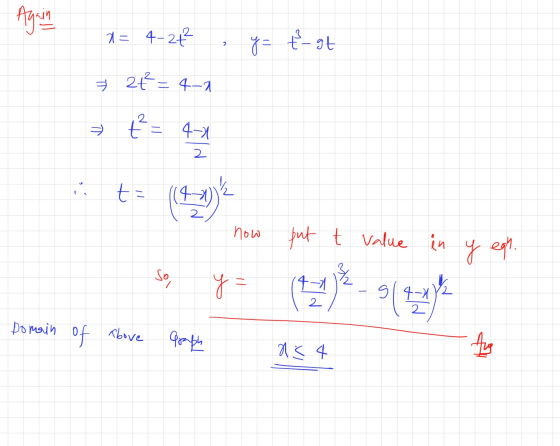 Again a= 4-24² 2 y= ť- at 7 2+² = 4-1 t² = 4-1 2 ta (42) now put t value in y egh. So y = 4-2 2 2 914-11 2 Domain of above Gr