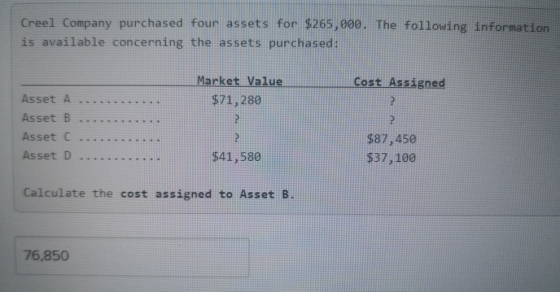 Creel Company purchased four assets for $265,000. The following information is available concerning the assets purchased: Ass