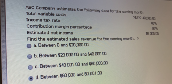 ABC Company estimates the following data for the coming month Total variable costs 2577240 000.00 Income tax rate 40% Contrib