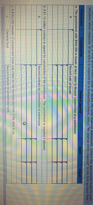 W W T or the fund financial statements. (Select the appropriate fund for each situation when required. If no entry is require