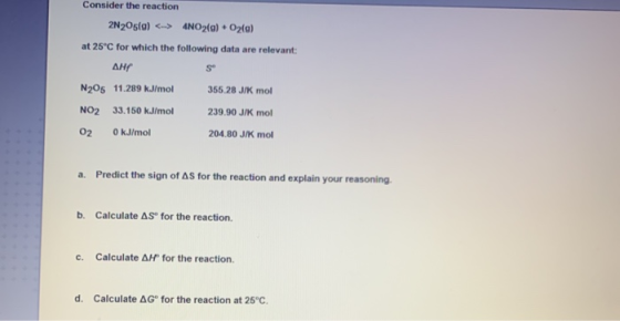 Consider the reaction 2N205(a) <-> 4NO2(g) + O2(a) at 25°C for which the following data are relevant: AHF N205 11.289 kJ/mol