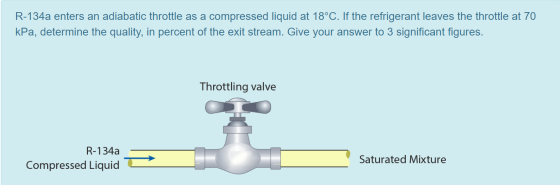 R-134a enters an adiabatic throttle as a compressed liquid at 18°C. If the refrigerant leaves the throttle at 70 kPa, determi