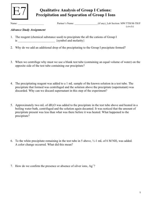 Qualitative Analysis of Group I Cations: Precipitation and Separation of Group I lons Nam Partners Name of any) Lab Section
