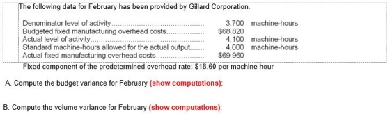 The following data for February has been provided by Gillard Corporation. Denominator level of activity. Budgeted fixed manuf