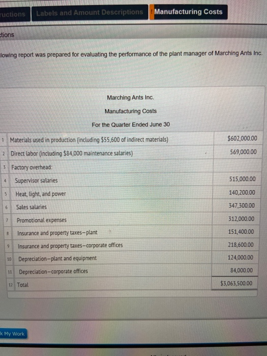 ructions Labels and Amount Descriptions Manufacturing Costs tions lowing report was prepared for evaluating the performance o