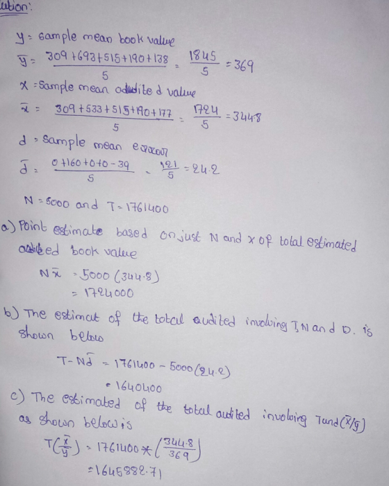ution: 5 y Sample mean book valve 5309 +6934515 +190+138, 1845 -369 x = Sample mean adedited value à 309 +533 + 515+190+177 1