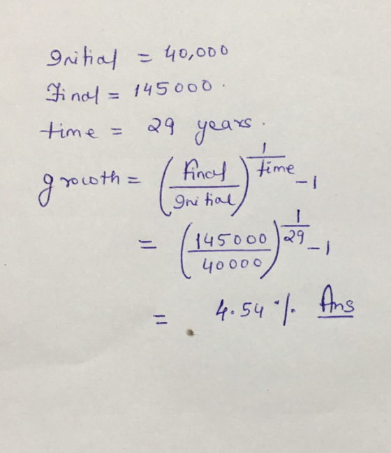 Initial = 40,000 Hindt = 145000 time = 29 years. time growth = /Finch (Initial) uso = 4.54 %. Ans