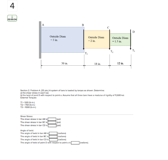 4 8 02:55:34) A B с D Outside Diam = 3 in. Outside Diam = 2 in. Outside Diam = 1.5 in. T2 T T 30 in. 18 in. 12 in. Section 2.