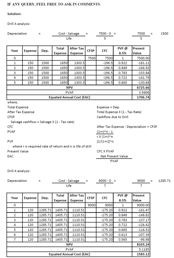 IF ANY QUERY, FEEL FREE TO ASK IN COMMENTS Solution: Drill A analysis: Depreciation = = = 1500 Cost - Salvage Life 7500 -0 5