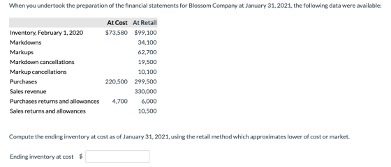 When you undertook the preparation of the financial statements for Blossom Company at January 31, 2021, the following data we
