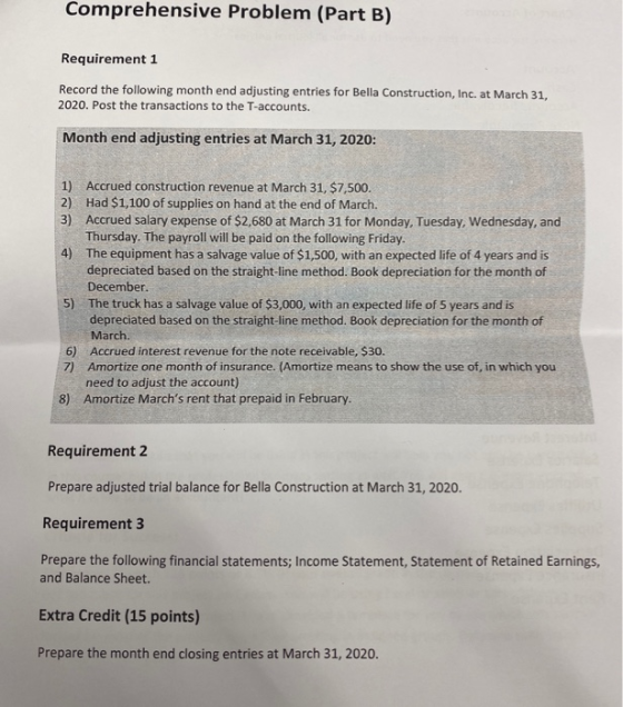 Comprehensive Problem (Part B) Requirement 1 Record the following month end adjusting entries for Bella Construction, Inc. at