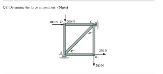 QI) Determine the force in members. (60pts) 400 N D 200N 45° 250 N B 200 N