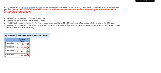 USULU Using the tables in Exhibits 26–3 and 26–4, determine the present value of the following cash flows, discounted at an a