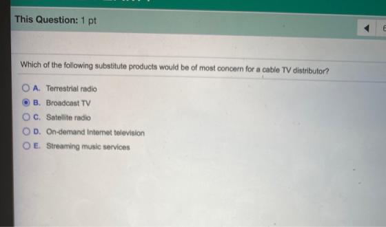 This Question: 1 pt Which of the following substitute products would be of most concern for a cable TV distributor? O A. Terr