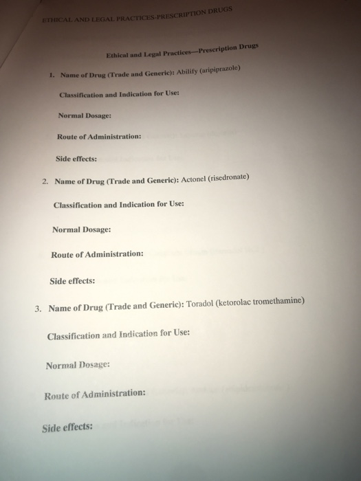 THICAL AND D LEGAL PRACTICES-PRESCRIPTION DRUGS Ethical and Legal Practices-Prescription Drugs 1. Name of Drug (Trade and Gen