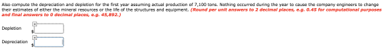 Also compute the depreciation and depletion for the first year assuming actual production of 7,100 tons. Nothing occurred dur