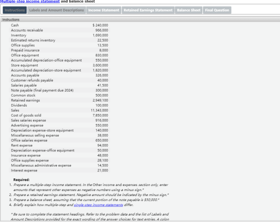 Multiple-step income statement and balance sheet Instructions Labels and Amount Descriptions Income Statement Retained Earnin