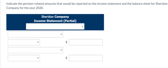 Indicate the pension-related amounts that would be reported on the income statement and the balance sheet for Sheridan Compan
