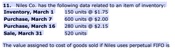 11. Niles Co. has the following data related to an item of inventory: Inventory, March 1 150 units @ $1.75 Purchase, March 7