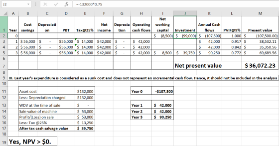 L M J2 : x + 3x =-132000*0.75 A B C D E F G H I J K Net Cost Depreciati Net Deprecia Operating working Annual Cash 1 Year sav