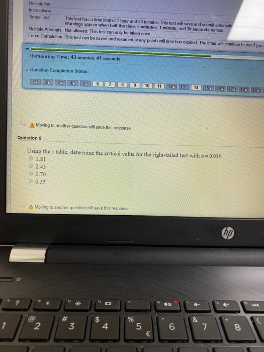Description Instructions Timed Test This best has a time limit of 1 hour and 20 minutos. This test will save and submit autom