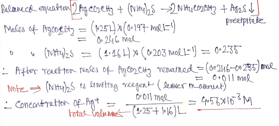 Balconecae equeafton 2 Ang ecz Etz + (n utelys > N144 @esetz + Ag25 ba Moles of Agcoelty = (1+254)*(0-197 mol 11) preeppitate