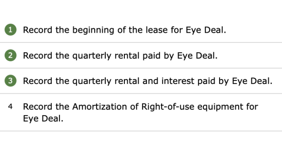 1 Record the beginning of the lease for Eye Deal. 2 Record the quarterly rental paid by Eye Deal. 3 3 Record the quarterly re