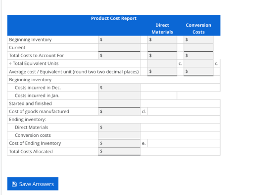 Product Cost Report Direct Materials Conversion Costs $ $ $ Beginning Inventory Current Total Costs to Account For $ $ $ C. C