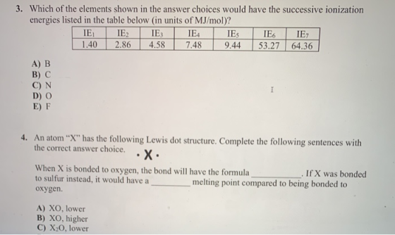3. Which of the elements shown in the answer choices would have the successive ionization energies listed in the table below