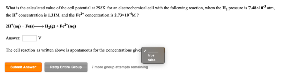 What is the calculated value of the cell potential at 298K for an electrochemical cell with the following reaction, when the