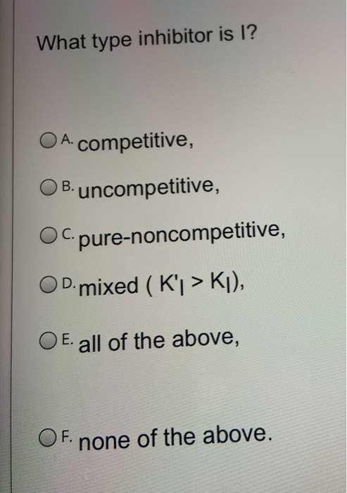 What type inhibitor is I? A.competitive, B.uncompetitive, C.pure-noncompetitive, OD. mixed ( Kj > Ki), O E. all of the above