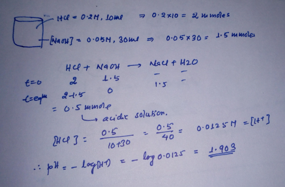 0-2H, lome O.2x10= 2mmdes Na0470.05M, 30m 0.05x30= les Hcet Nao Nauf H20 reph = 0.5 Mmde auide soluhon, 0.012 5N41] 40 1ot30