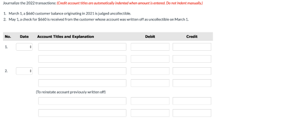 Journalize the 2022 transactions: (Credit account titles are automatically indented when amount is entered. Do not indent man
