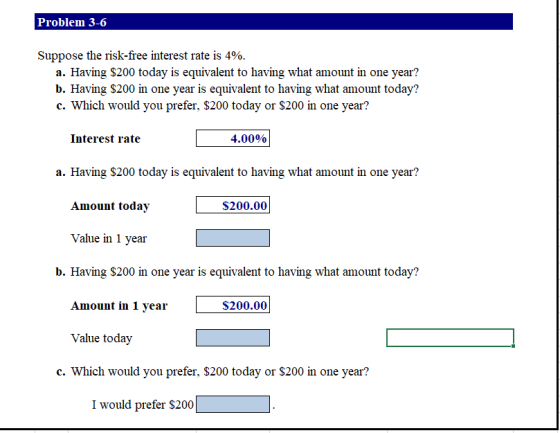 Problem 3-6 Suppose the risk-free interest rate is 4% a. Having $200 today is equivalent to having what amount in one year? b. Having S200 in one year is equivalent to having what amount today? c. Which would you prefer, $200 today or S200 in one year? Interest rate 4.00% a. Having $200 today is equivalent to having what amount in one year? Amount today $200.00 Value in 1 year b. Having $200 in one year is equivalent to having what amount today? Amount in 1 year S200.00 Value today c. Which would you prefer, $200 today or $200 in one year? I would prefer $200