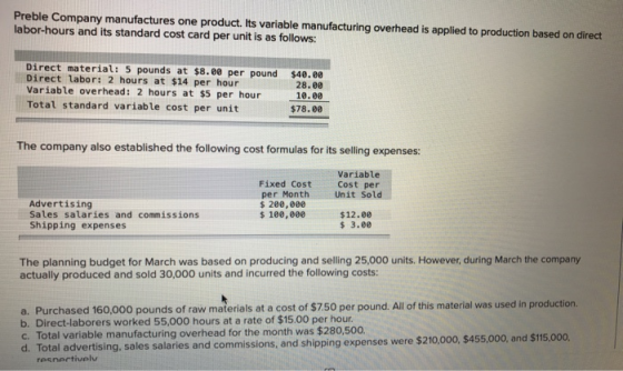 Preble Company manufactures one product. Its variable manufacturing overhead is applied to production based on direct labor-h