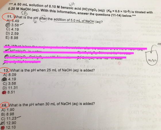 WA *** A 50 mL solution of 0.10 M benzoic acid (HC7H502 (aq)) (Ka = 6.5 * 10-5) is titrated with 0.20 M NaOH (aq). With this