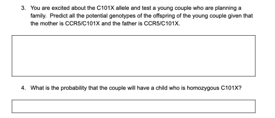 3. You are excited about the C101X allele and test a young couple who are planning a family. Predict all the potential genoty