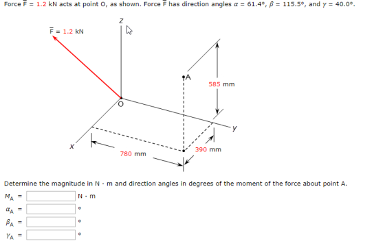 Force F-1.2 kN acts at point O, as shown. Force F has direction angles α-61.4°, β-115.5°, and γ-40.00. F=1.2 kN 585 mm 390 mm 780 mm Determine the magnitude in N·m and direction angles in degrees of the moment of the force about point A. N·m AM