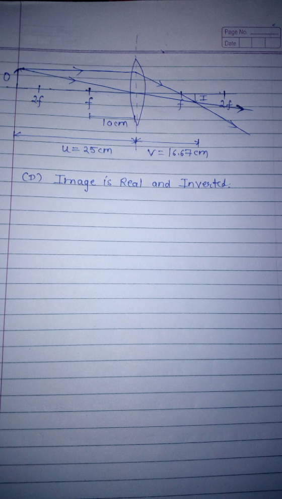Page No. Date 2f locm u=25cm V=16.67em CD) Timage is Real and Invested