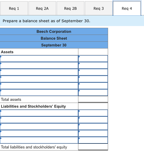 Req 1 Req 2A Req 2B Req3 Reg 4 Prepare a balance sheet as of September 30. Beech Corporation Balance Sheet September 30 Asset