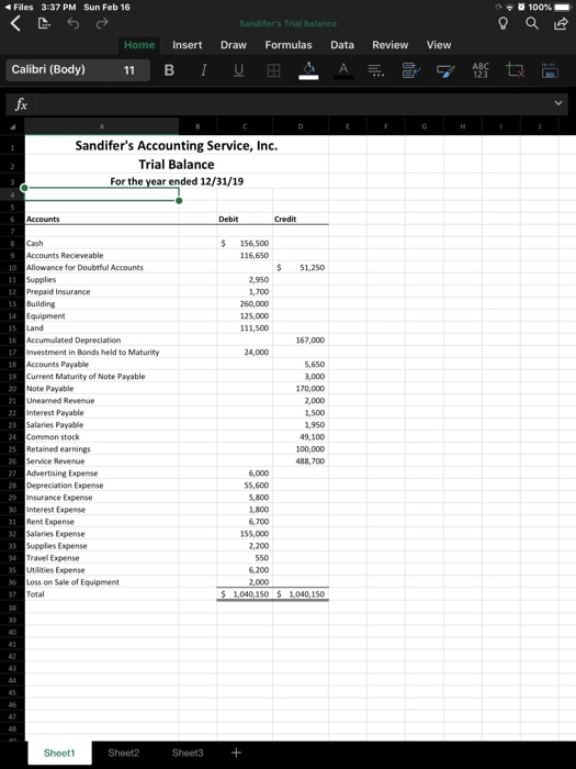 * 100% Files 3:37 PM Sun Feb 16 Sandifers Trial balance Home Insert Draw Formulas Data Calibri (Body) 11 BLUE A Review R Vie