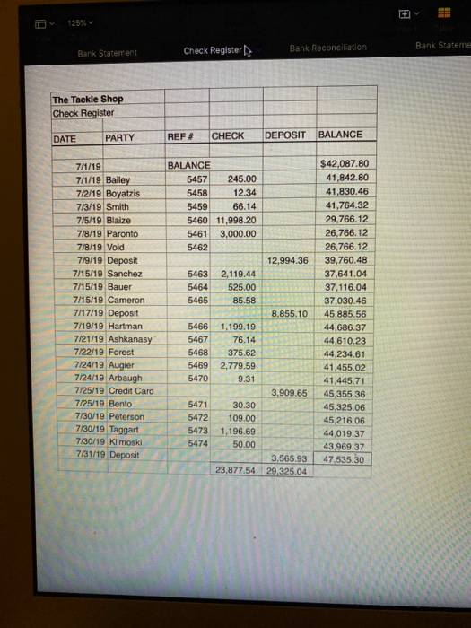 D 125% Bank Statement Bank Stateme Check Register B ank Reconciliation The Tackle Shop Check Register DATE PARTY REF# CHECK D
