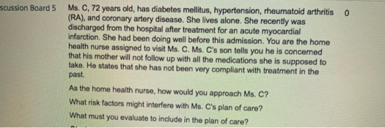 scussion Board 5 0 Ms. C, 72 years old, has diabetes mellitus, hypertension, rheumatoid arthritis (RA), and coronary artery d