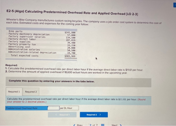 E2-5 (Algo) Calculating Predetermined Overhead Rate and Applied Overhead [LO 2-3) Wheelers Bike Company manufactures custom