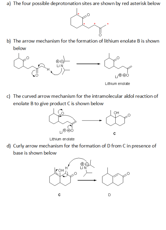 a) The four possible deprotonation sites are shown by red asterisk below b) The arrow mechanism for the formation of lithium