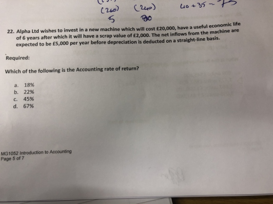 5 go 22. Alpha Ltd wishes to invest in a new machine which will cost £20,000, have a useful economic life of 6 years after which it will have a scrap value of £2,000. The net inflows from the machine are expected to be £5,000 per year before depreciation is deducted on a straight-line basis. Required: Which of the following is the Accounting rate of return? a. 18% b. 22% с. 45% d. 67% MG1052 Introduction to Accounting Page 5 of 7
