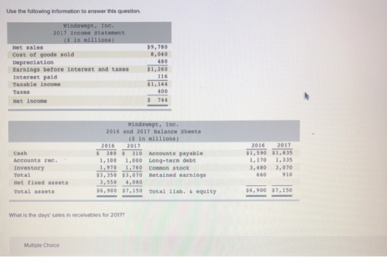 Use the following information to answer this question. Windswept, Inc. 2017 Income Statement ($ in millions) Net Sales Cost o